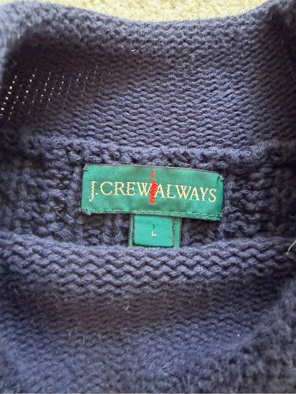 J.Crew Oarsman Sweater Large Blue Cable Knit Roll Neck Pullover 100% Cotton